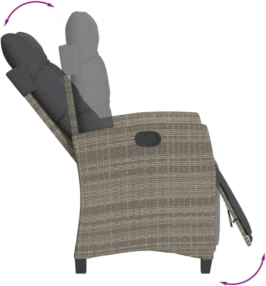 Reclining Patio Chair with Footrest Gray Poly Rattan Outdoor Lounge Chair Adjustable Backrest and Cushions for Pool Beach Camping Patio Furniture