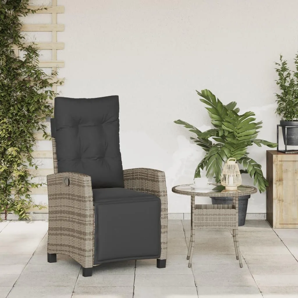 Reclining Patio Chair with Footrest Gray Poly Rattan Outdoor Lounge Chair Adjustable Backrest and Cushions for Pool Beach Camping Patio Furniture