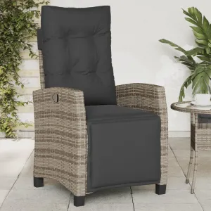 Reclining Patio Chair with Footrest Gray Poly Rattan Outdoor Lounge Chair Adjustable Backrest and Cushions for Pool Beach Camping Patio Furniture