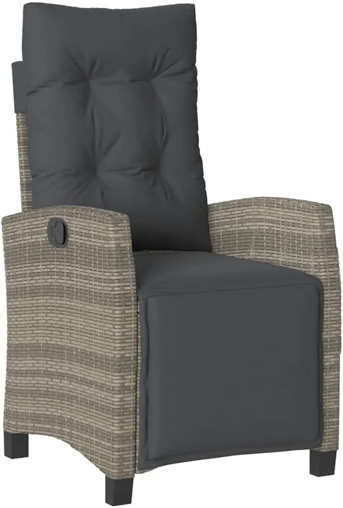 Reclining Patio Chair with Footrest Gray Poly Rattan Outdoor Lounge Chair Adjustable Backrest and Cushions for Pool Beach Camping Patio Furniture