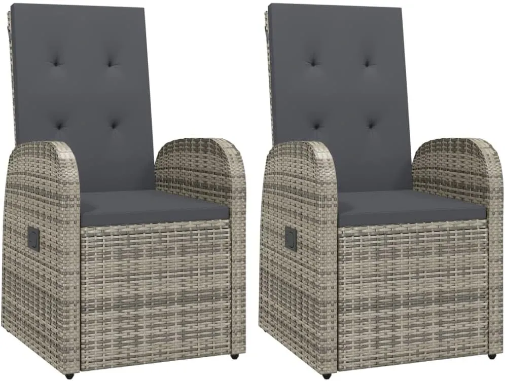 Reclining Patio Chairs 2pcs with Gray Poly Rattan Cushions - Outdoor Lounge Chairs for Balcony Garden Deck Poolside Use