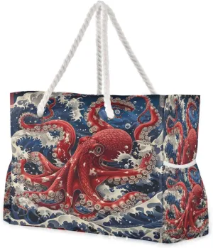 Red Octopus Beach Bag with Top Zipper Closure, Waterproof Pool Bag, Large Beach Tote for Women#124