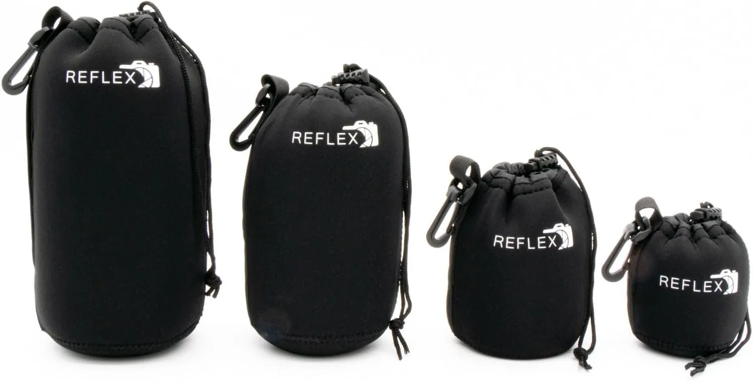 REFLEX CAMERA Drawstring Camera Lens Pouches 4 Pack (S/M/L/XL) Thick Padded Pouch Set for Maximum Protection Waterproof Shockproof Dust Resistant Neoprene Cases for Canon, Nikon, Pentax, Sony, Olympus