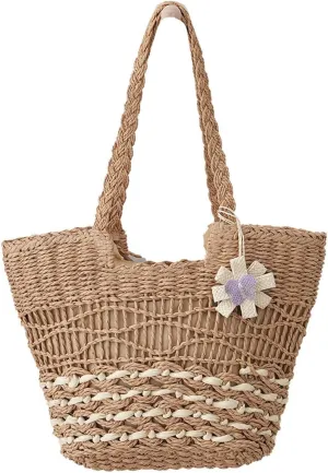 Rejolly Straw Tote Bag for Women Summer Vacation Beach Handbags Boho Rattan Woven Shoulder Purse Zipper Closure