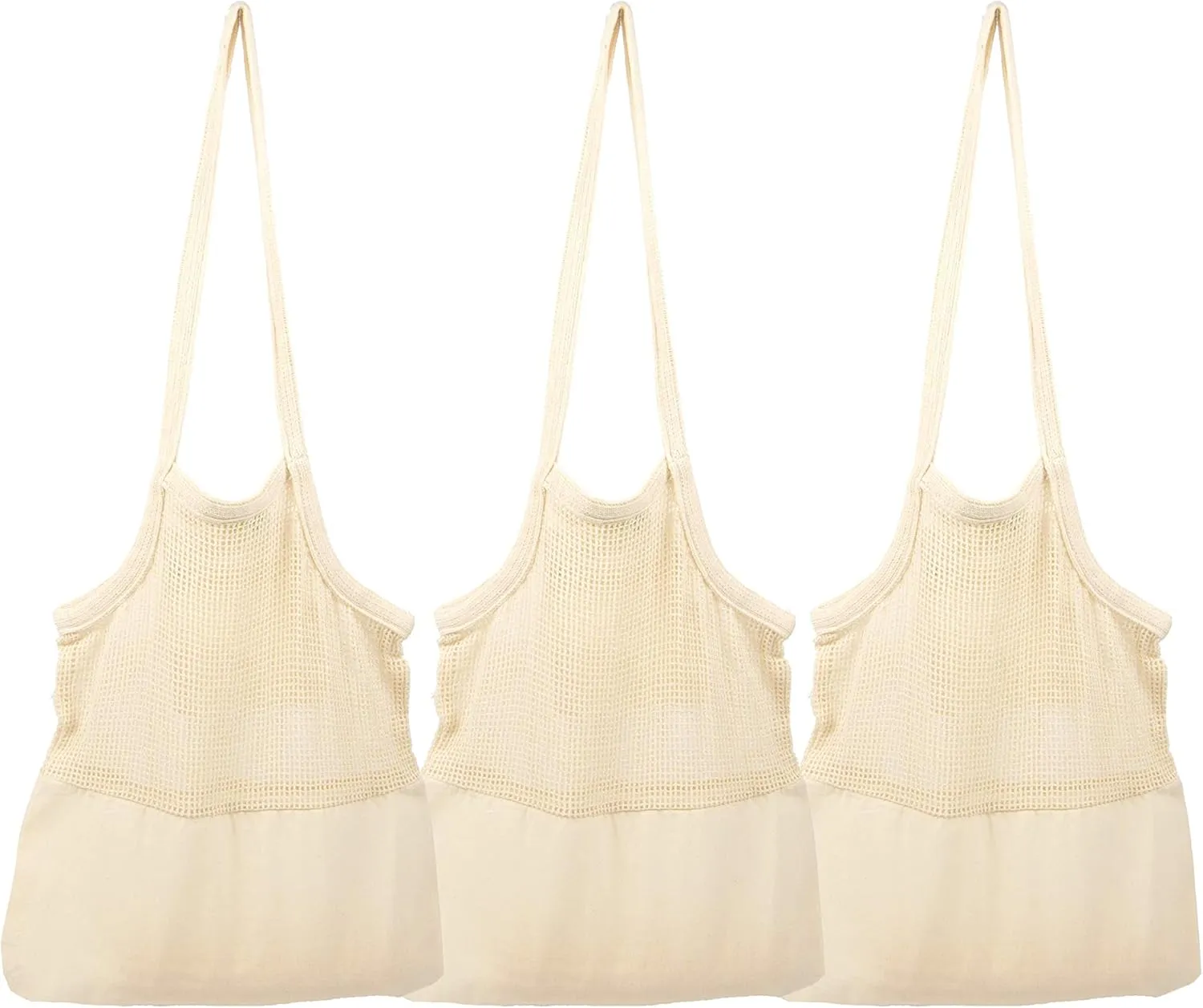Reusable Mesh Grocery Shopping Bags - Organic Cotton Mesh Tote Bags - Net Farmers Market Bags with Reinforced Bottom - Mesh Mushroom Foraging Tote Bags - Portable Cotton French Market Tote (3 Bags)