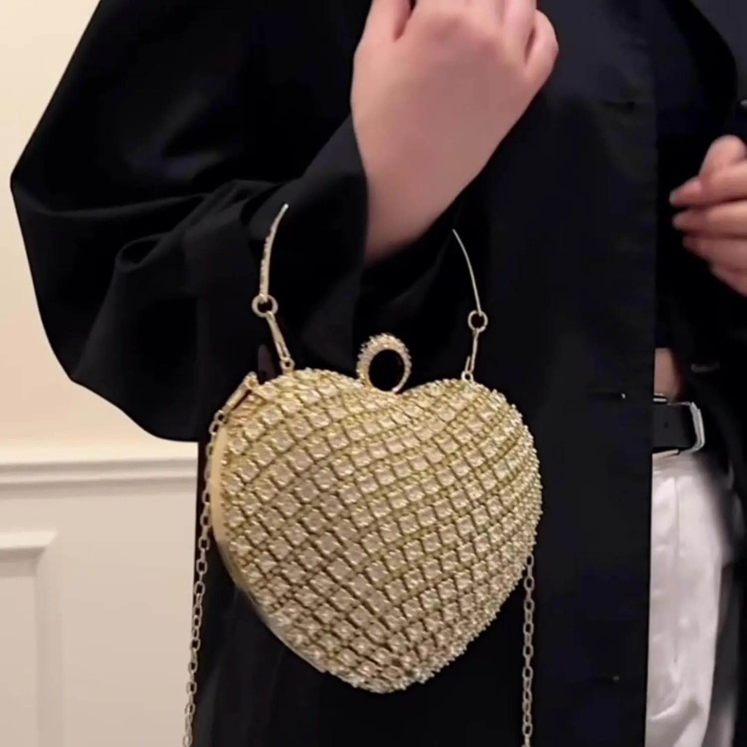 Rhinestones Heart Shape Clutch Purses for Women, Cute Crossbody Evening Bag Solid Shoulder Handbag Cocktail Prom