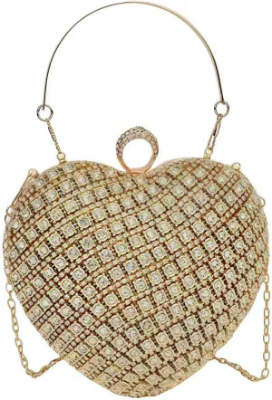 Rhinestones Heart Shape Clutch Purses for Women, Cute Crossbody Evening Bag Solid Shoulder Handbag Cocktail Prom