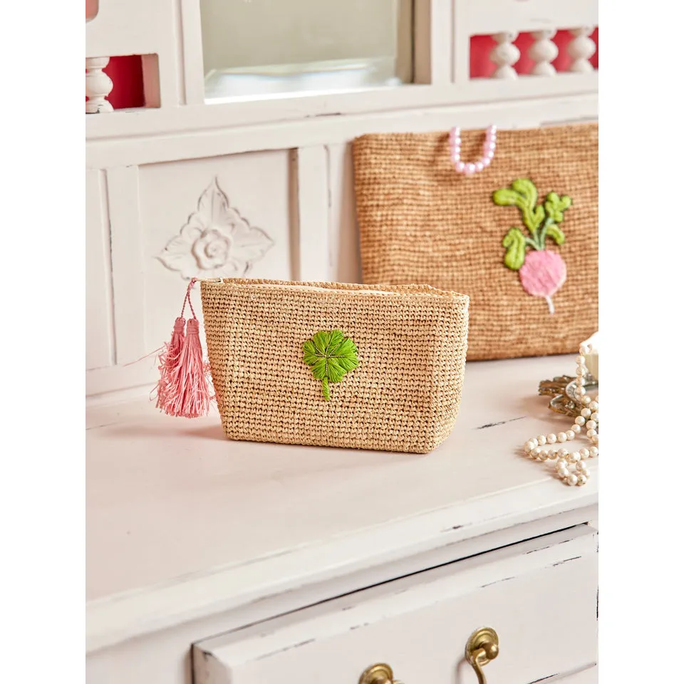 Rice DK Raffia Clutch with Clover Application - Rose Pom Poms in Nature