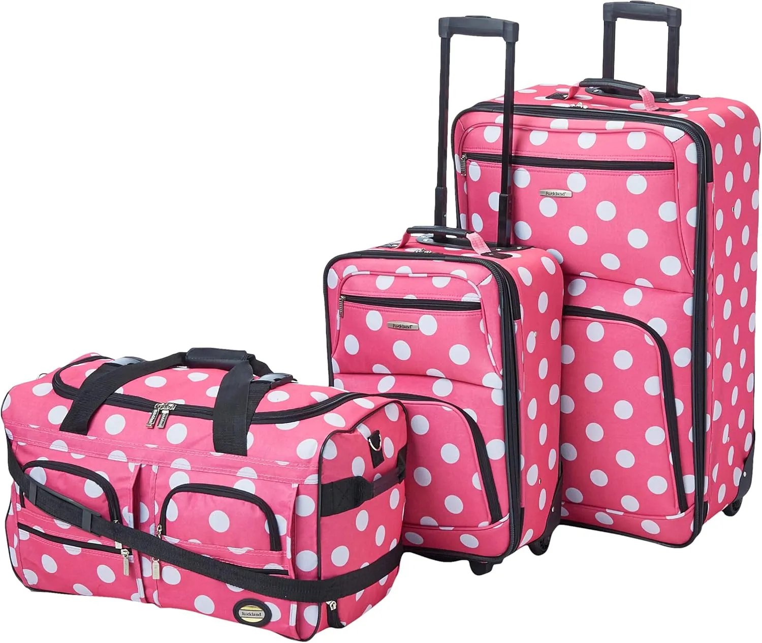 Rockland Vara Softside 3-Piece Upright Luggage Set, Expandable,Lightweight,Telescopic Handle,Wheel, Pink Dots, 20 inches,22 inches,28 inches
