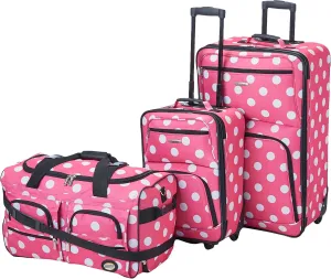 Rockland Vara Softside 3-Piece Upright Luggage Set, Expandable,Lightweight,Telescopic Handle,Wheel, Pink Dots, 20 inches,22 inches,28 inches