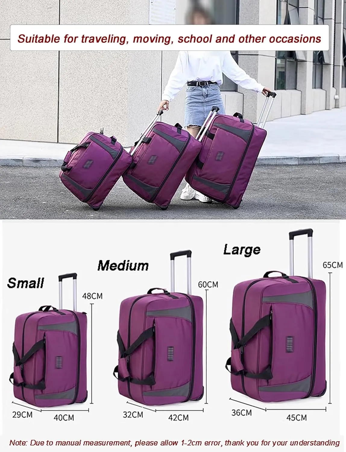 Rolling Duffle Bag, Wheeled Duffle Bag Large Capacity Foldable Travel Luggage with Telescopic Handle, Waterproof Overnight Bag for Travel, Gym, Yoga(Black,Large)