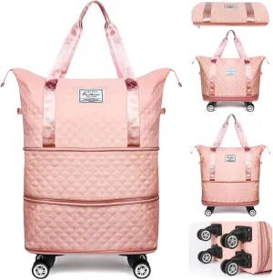 Rolling Duffle Bag with Wheels and Handle, Expandable Travel Duffel Bag Luggage Bag, Foldable Travel Bag with Wheels Rolling Carry on Bags, Large Wheeled Luggage, Pink