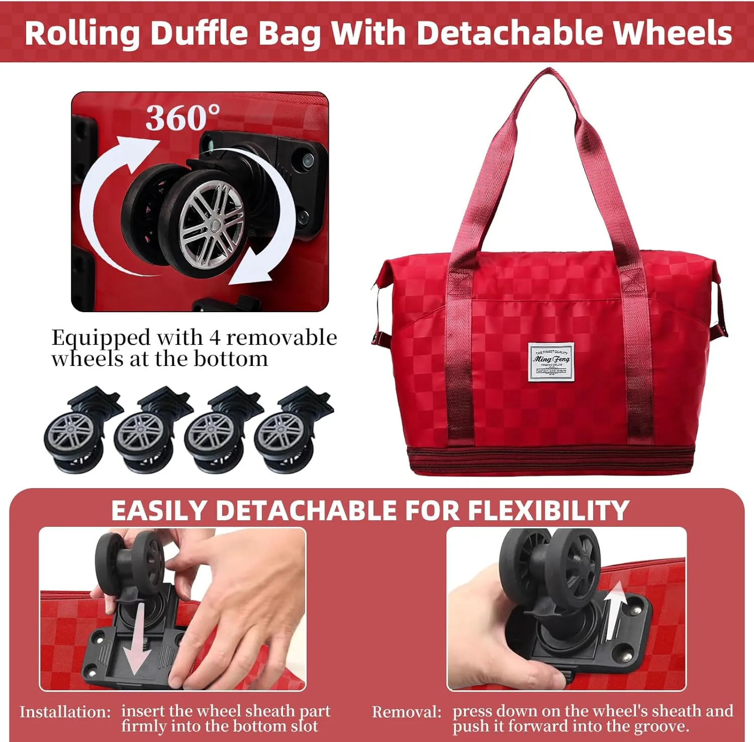 Rolling Duffle Bag with Wheels Expandable Foldable Travel Duffel Bag Checkerboard Carry on Luggage Bag Weekender Bag for Men Women