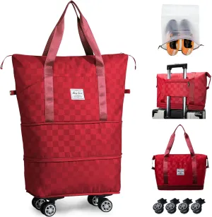 Rolling Duffle Bag with Wheels Expandable Foldable Travel Duffel Bag Checkerboard Carry on Luggage Bag Weekender Bag for Men Women