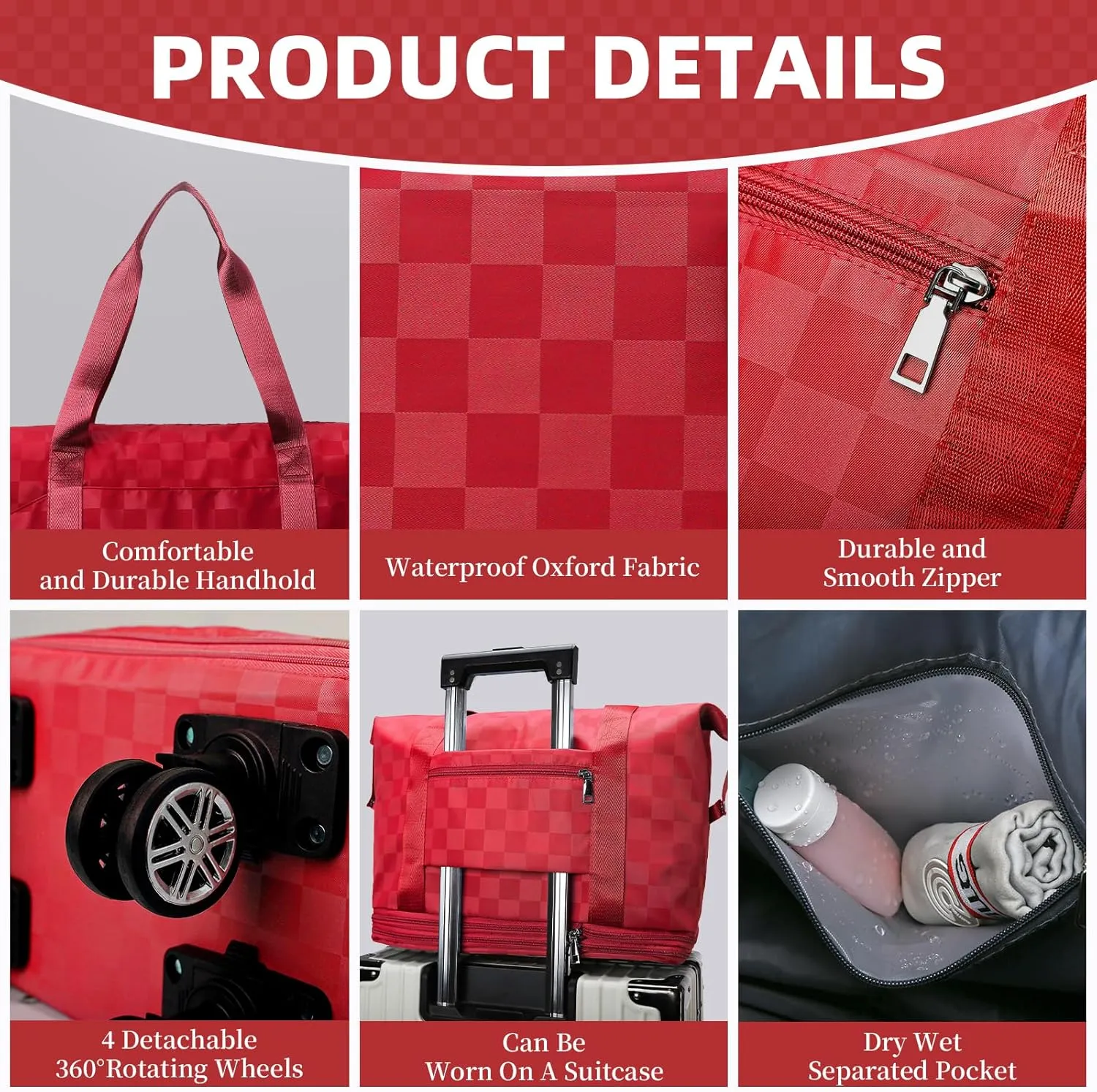 Rolling Duffle Bag with Wheels Expandable Foldable Travel Duffel Bag Checkerboard Carry on Luggage Bag Weekender Bag for Men Women