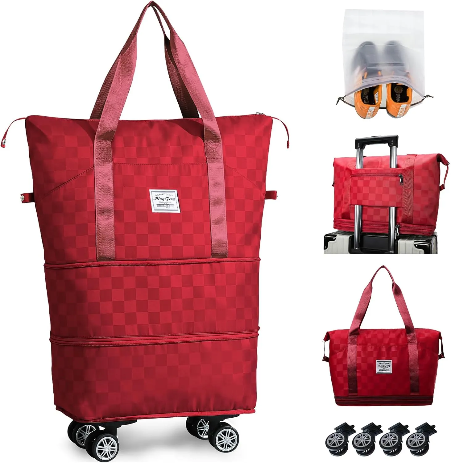 Rolling Duffle Bag with Wheels Expandable Foldable Travel Duffel Bag Checkerboard Carry on Luggage Bag Weekender Bag for Men Women
