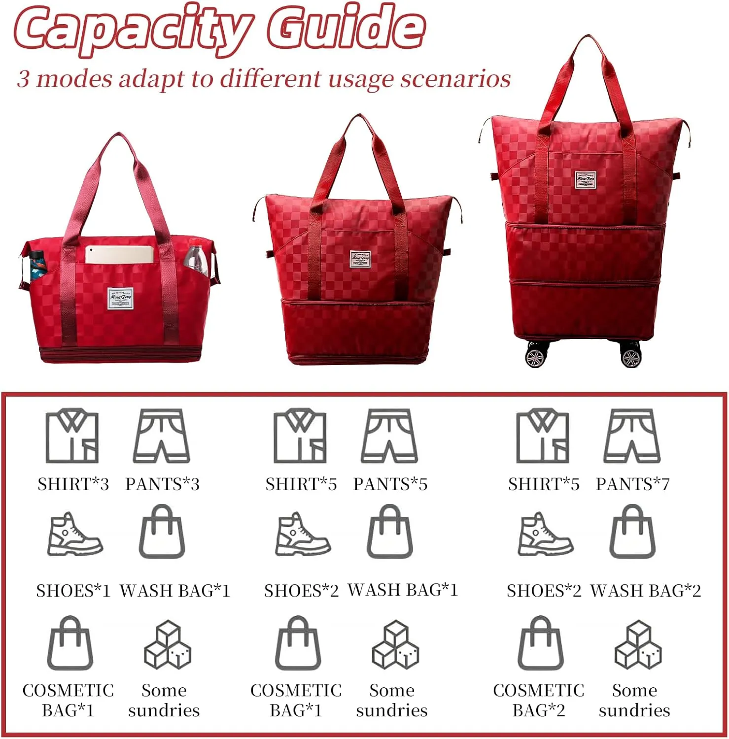 Rolling Duffle Bag with Wheels Expandable Foldable Travel Duffel Bag Checkerboard Carry on Luggage Bag Weekender Bag for Men Women