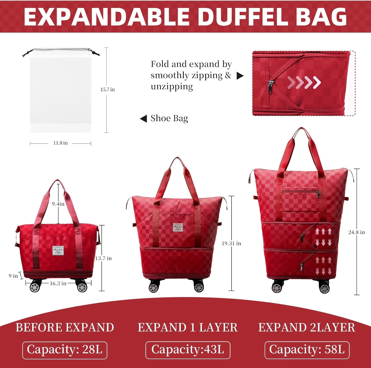 Rolling Duffle Bag with Wheels Expandable Foldable Travel Duffel Bag Checkerboard Carry on Luggage Bag Weekender Bag for Men Women