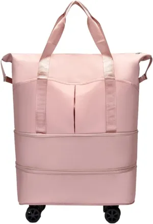 Rolling Expandable Foldable Duffle Bag for Travel with Wheels, Rolling Luggage bag, Carry-on Large Duffel Bag Large Weekend Bag (pink)