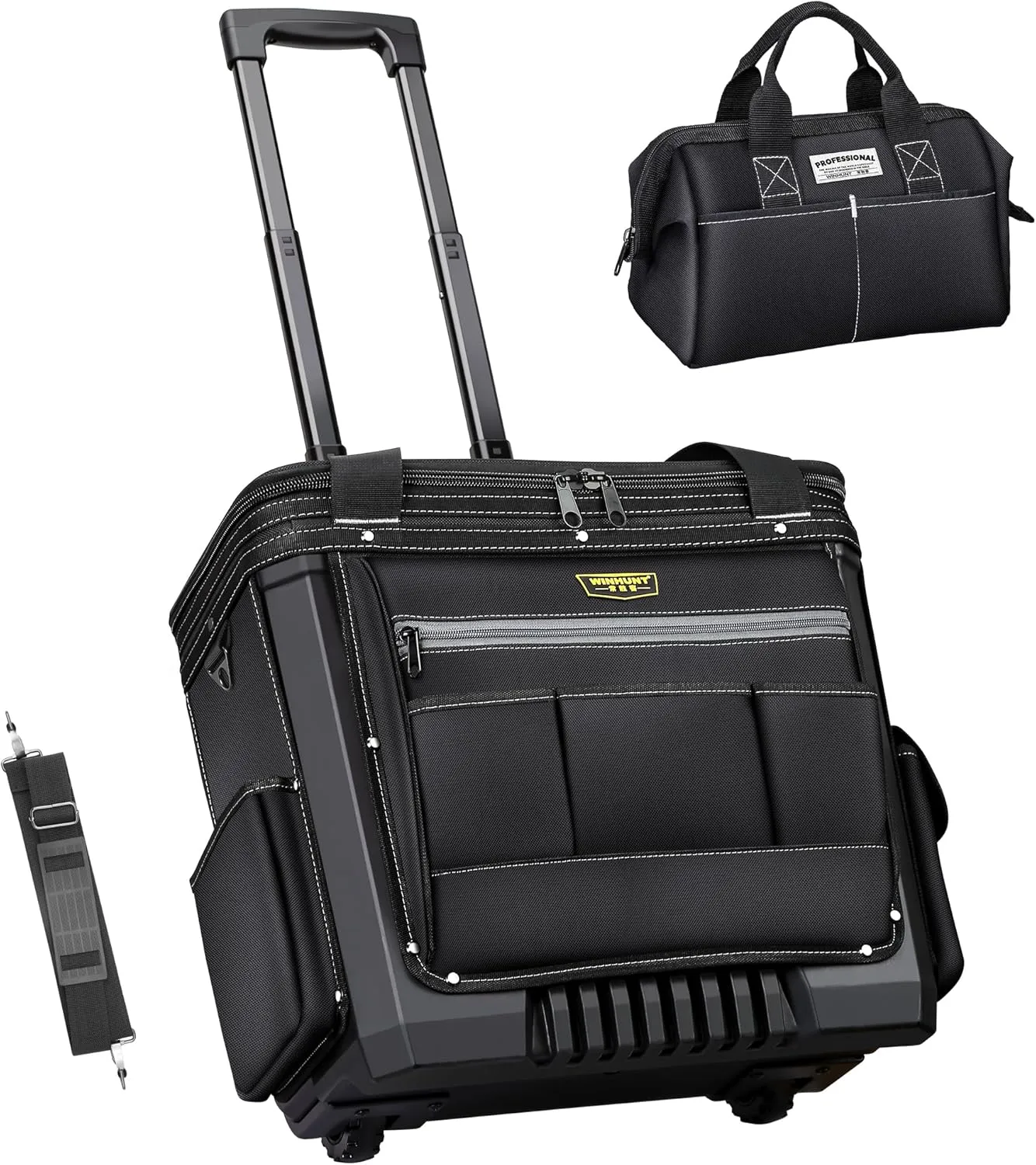 Rolling Tool Bag, 20'' Tool Bag with Wheels, Telescoping Handle Storage Organizer, Heavy Duty Portable Tool Tote for Electrician, Construction, Black