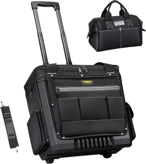 Rolling Tool Bag, 20'' Tool Bag with Wheels, Telescoping Handle Storage Organizer, Heavy Duty Portable Tool Tote for Electrician, Construction, Black