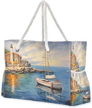 Romantic Entitled Seaport Beach Bag & Travel Tote Bag Large Sandproof with Zipper Closure, Wet Pouch for Swim Gym Travel, Lightweight Foldable Outdoor Bag