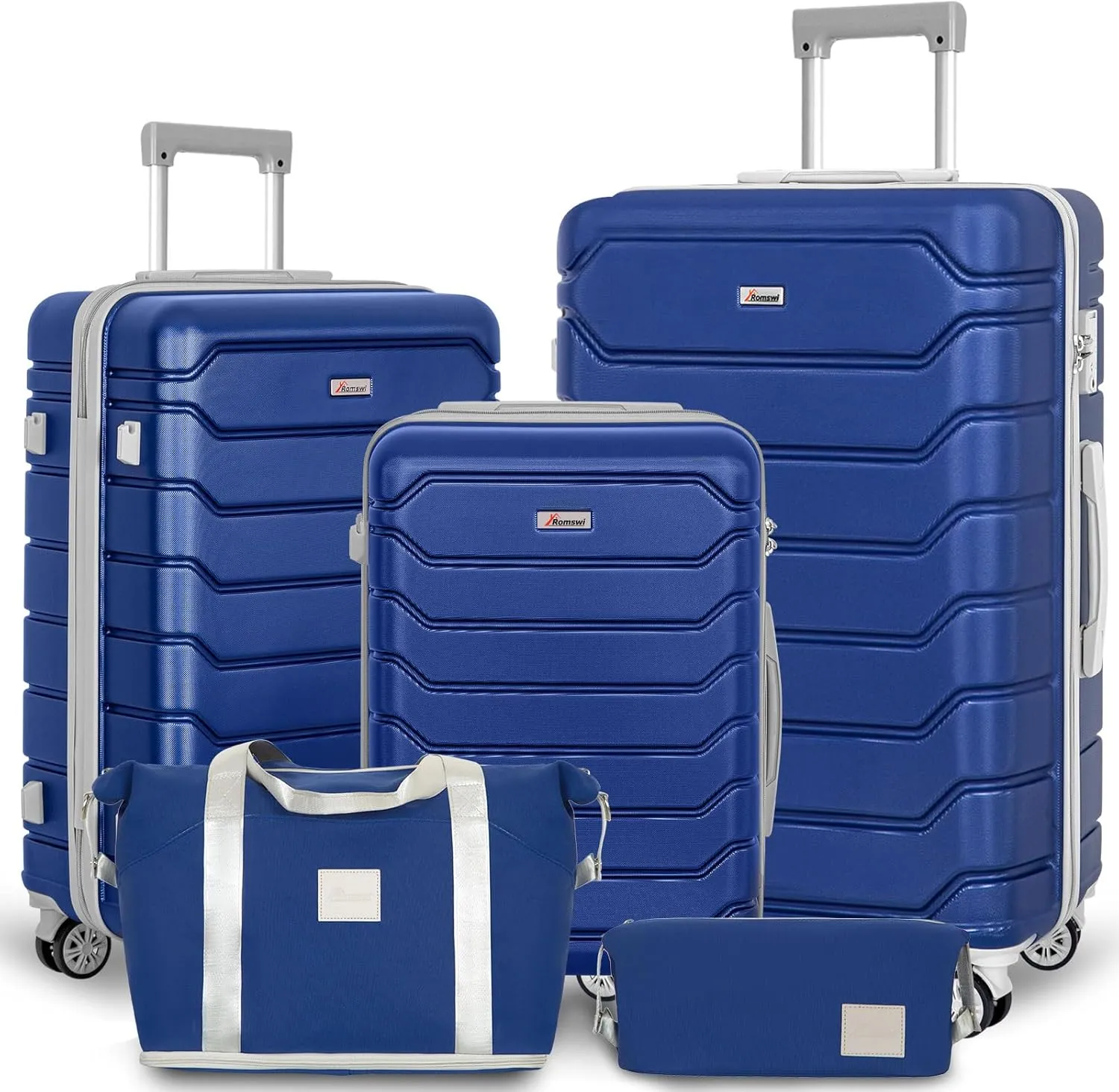 Romswi 5Piece Luggage Sets, Durable PC ABS Hardshell Spinner Luggage with TSA Lock, Suitcase Sets with Duffel Bag,Navy (20 24 28 inch TB DB)