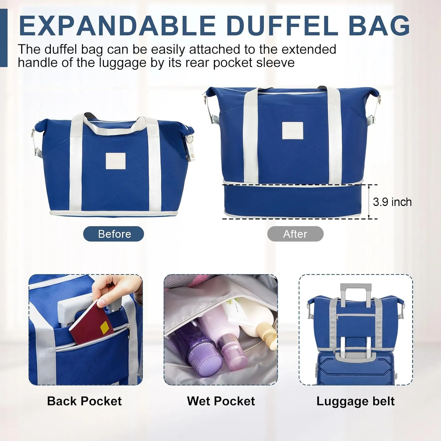 Romswi 5Piece Luggage Sets, Durable PC ABS Hardshell Spinner Luggage with TSA Lock, Suitcase Sets with Duffel Bag,Navy (20 24 28 inch TB DB)