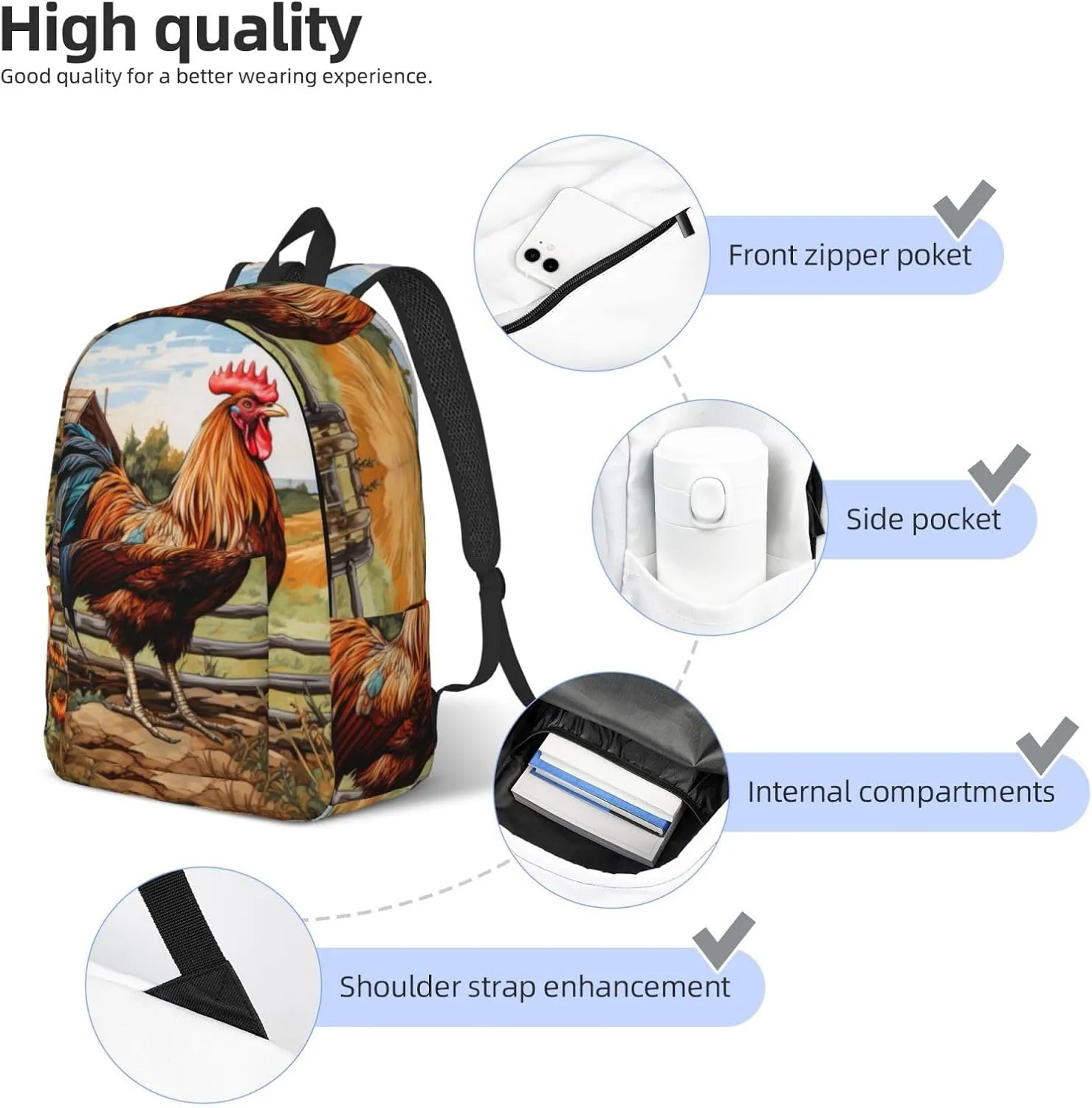 Rooster on Wood in Farmland Canvas Casual Lightweight Duffel Bag, Fashion Duffel Bag, Unisex Travel Backpack
