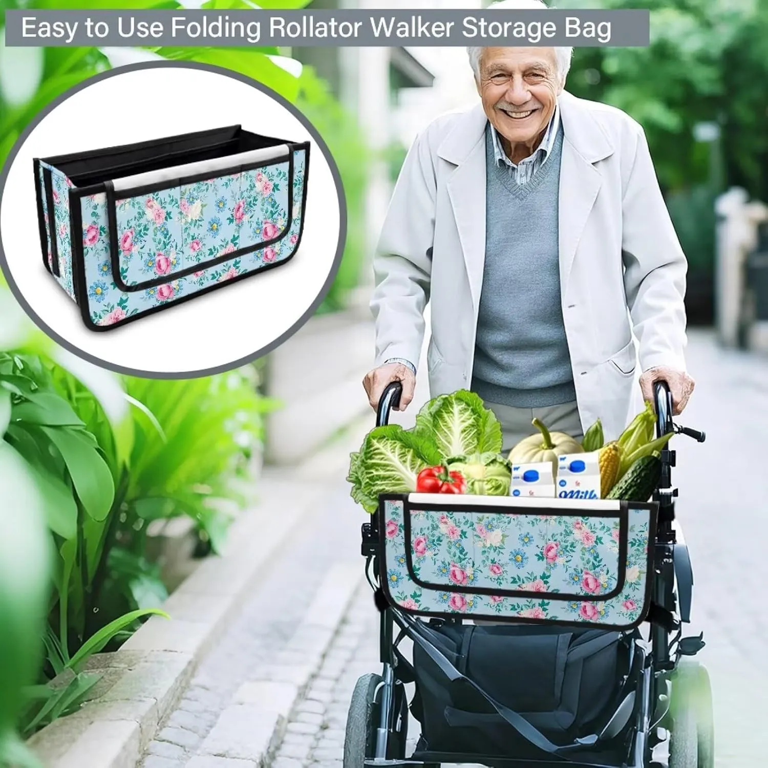 Rose and Daisy Walker Basket Walker Accessories Walker Bags for Folding Walker for Four Wheel Rollator Seniors Accessory Attachment for Folding