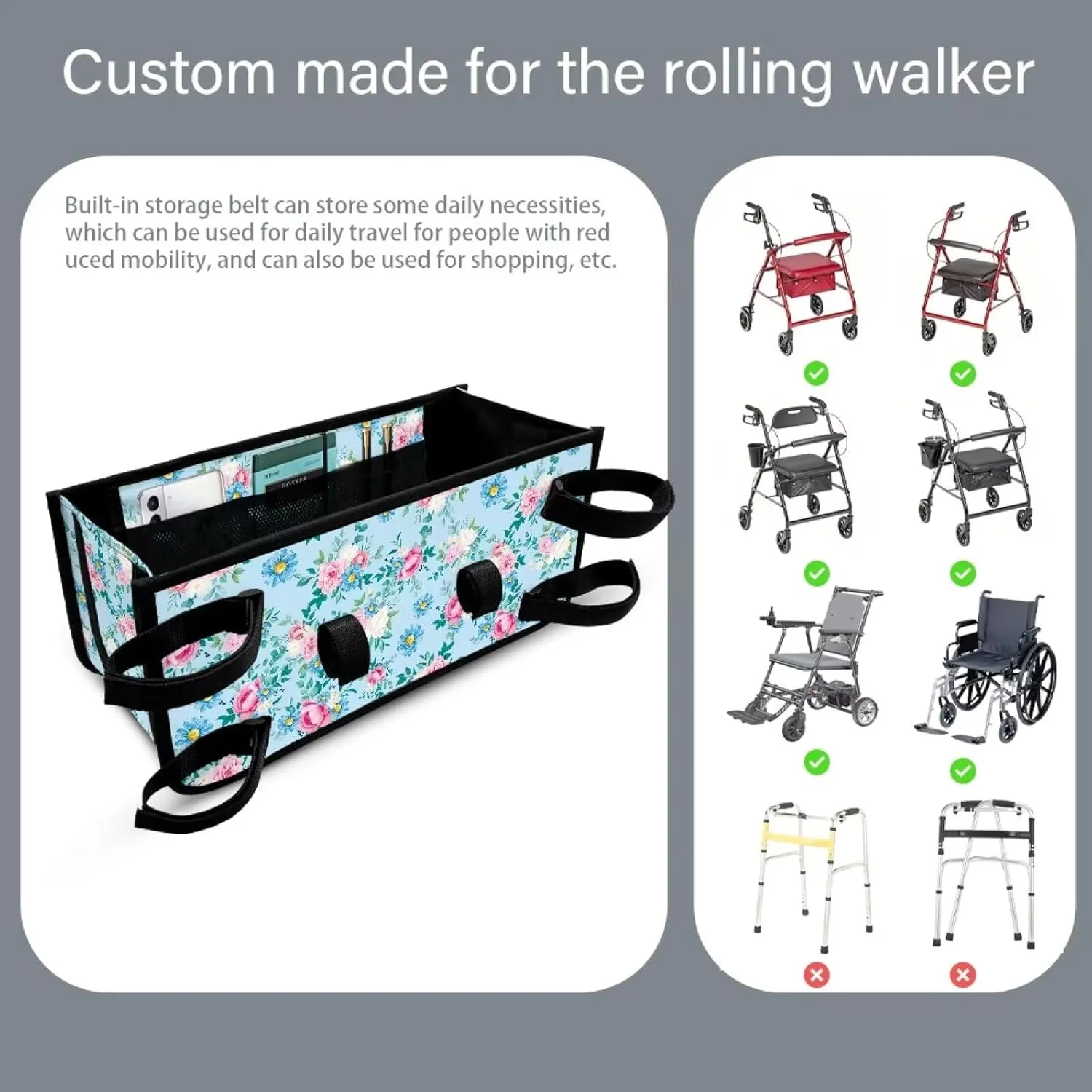 Rose and Daisy Walker Basket Walker Accessories Walker Bags for Folding Walker for Four Wheel Rollator Seniors Accessory Attachment for Folding