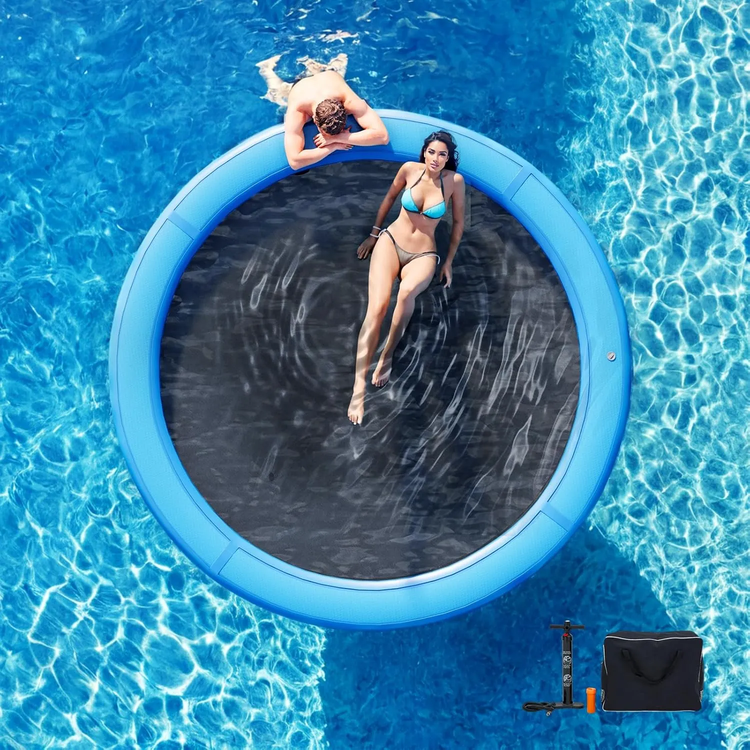 Round Inflatable Floating Dock, Sunchill Float Ring, Hammock Tanning Pool with 4in Woven Fabric, Manual Pump for 1-2 Min Quick Inflate/Deflate, Fits 2-8, Ideal for Lakes, Pools, Oceans