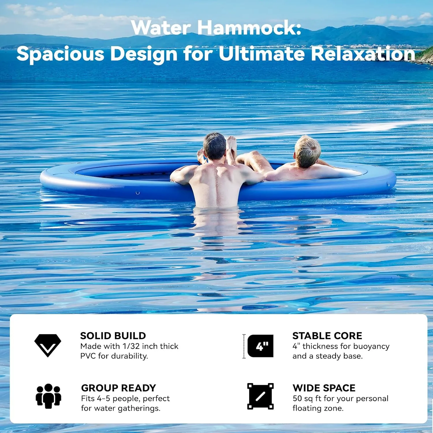 Round Inflatable Floating Dock, Sunchill Float Ring, Hammock Tanning Pool with 4in Woven Fabric, Manual Pump for 1-2 Min Quick Inflate/Deflate, Fits 2-8, Ideal for Lakes, Pools, Oceans