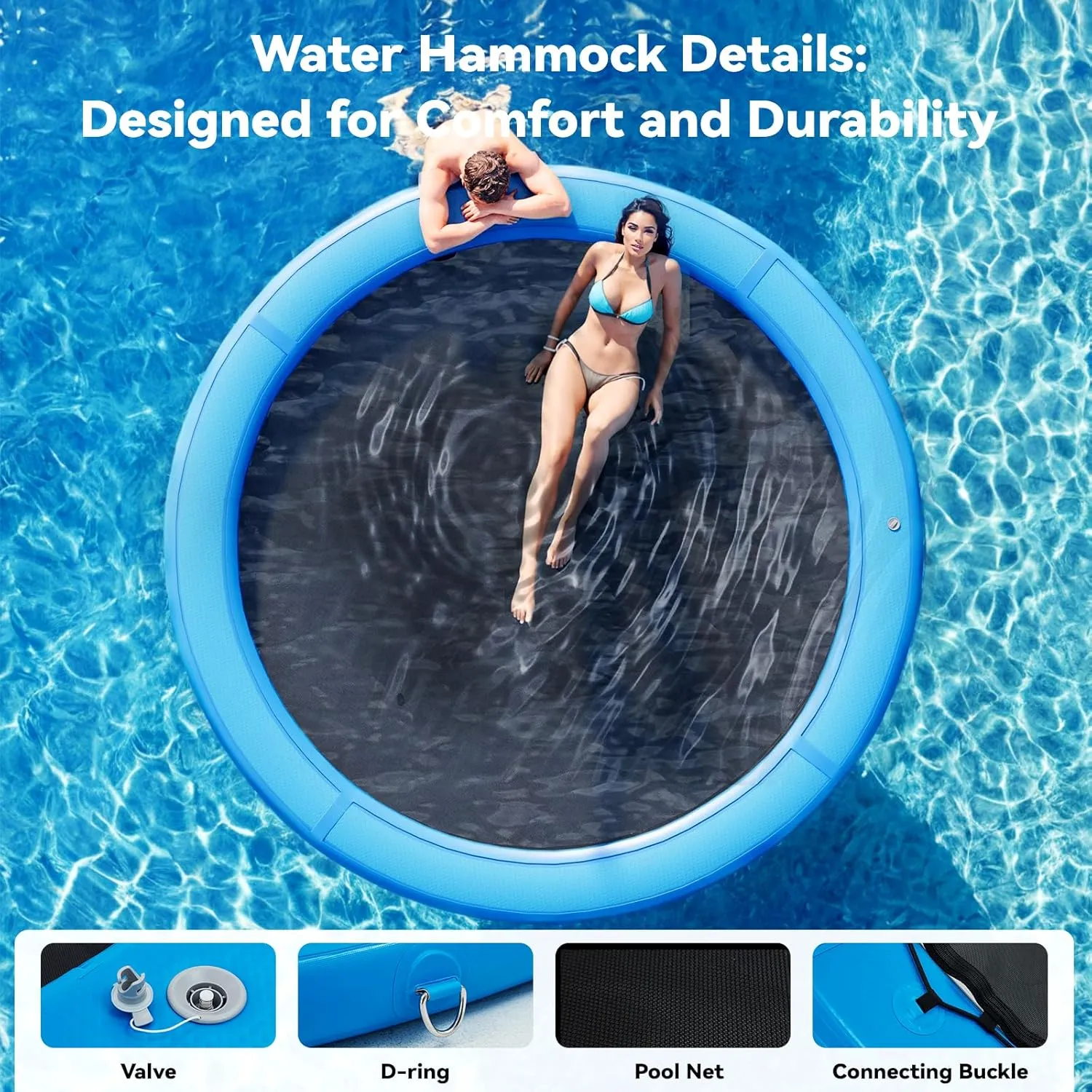 Round Inflatable Floating Dock, Sunchill Float Ring, Hammock Tanning Pool with 4in Woven Fabric, Manual Pump for 1-2 Min Quick Inflate/Deflate, Fits 2-8, Ideal for Lakes, Pools, Oceans