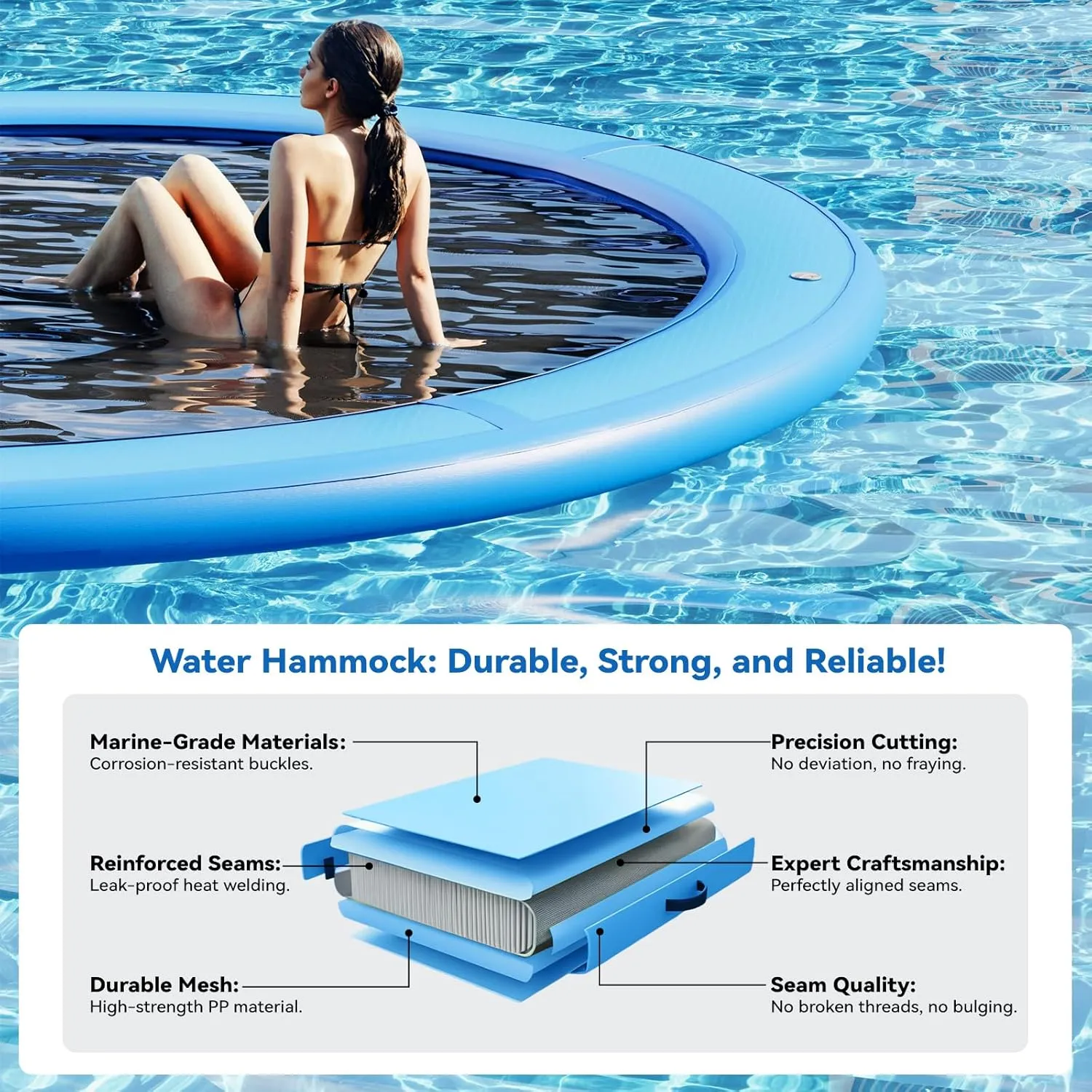 Round Inflatable Floating Dock, Sunchill Float Ring, Hammock Tanning Pool with 4in Woven Fabric, Manual Pump for 1-2 Min Quick Inflate/Deflate, Fits 2-8, Ideal for Lakes, Pools, Oceans