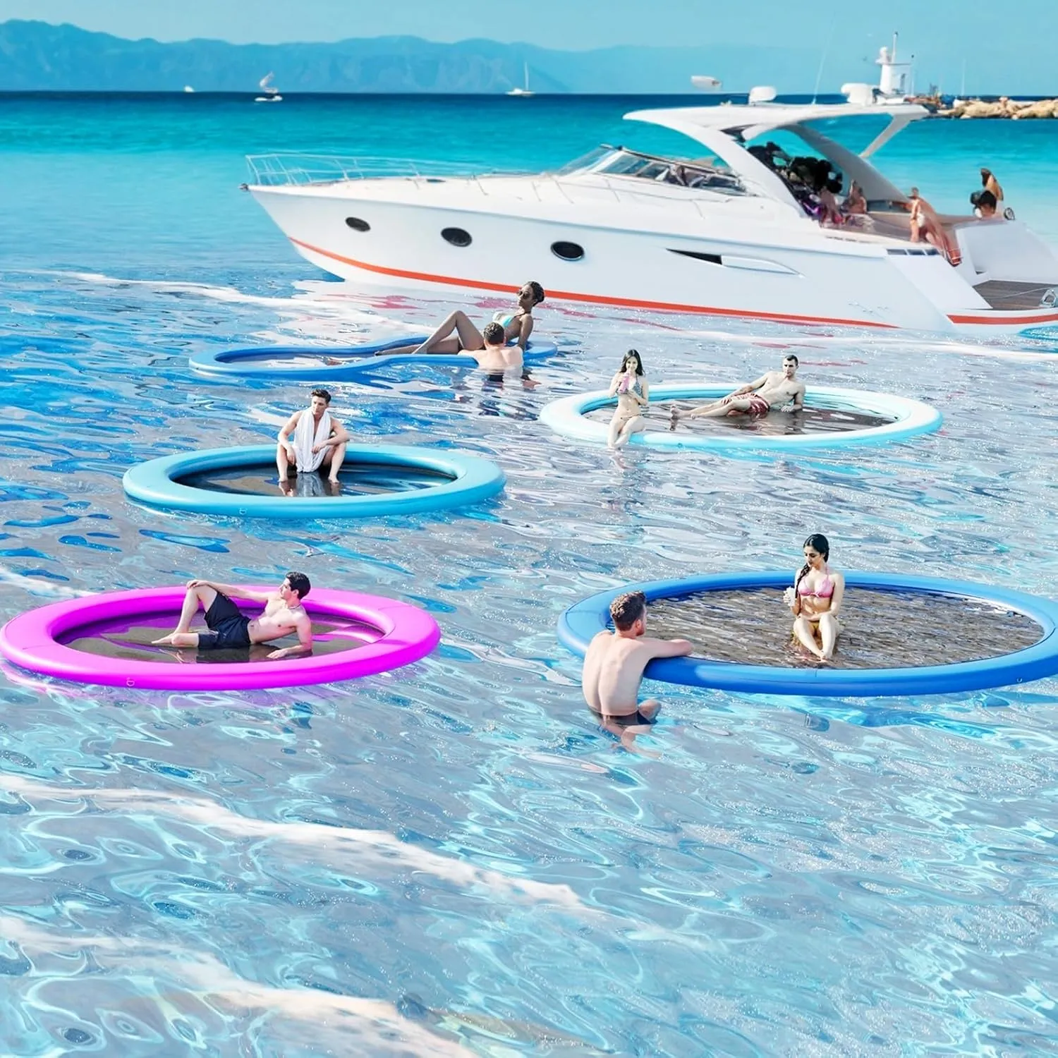Round Inflatable Floating Dock, Sunchill Float Ring, Hammock Tanning Pool with 4in Woven Fabric, Manual Pump for 1-2 Min Quick Inflate/Deflate, Fits 2-8, Ideal for Lakes, Pools, Oceans