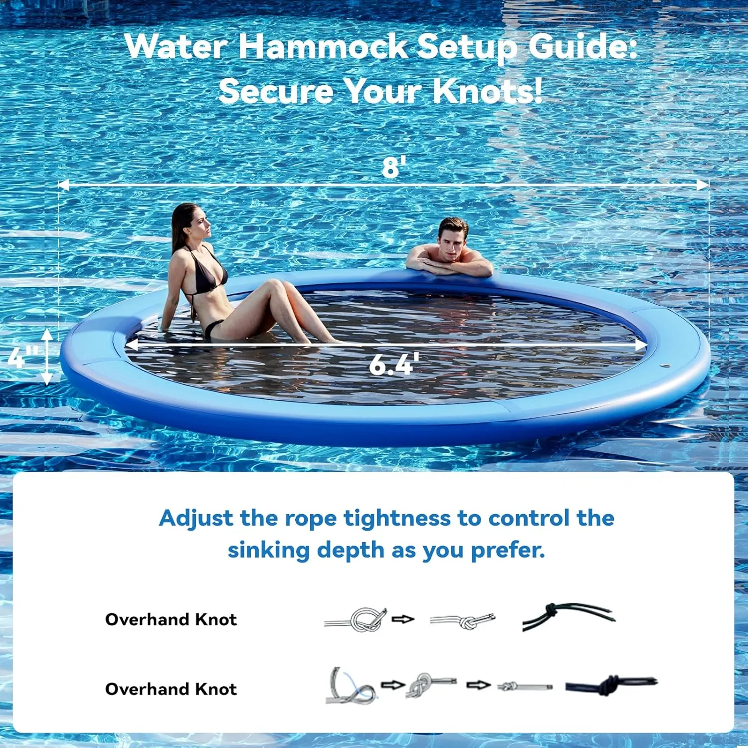 Round Inflatable Floating Dock, Sunchill Float Ring, Hammock Tanning Pool with 4in Woven Fabric, Manual Pump for 1-2 Min Quick Inflate/Deflate, Fits 2-8, Ideal for Lakes, Pools, Oceans