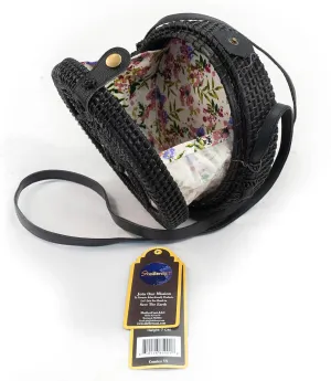 Round Rattan Bag for Women Straw Bag Handwoven Beach Bohemian Shoulder Purse (Black, Large)