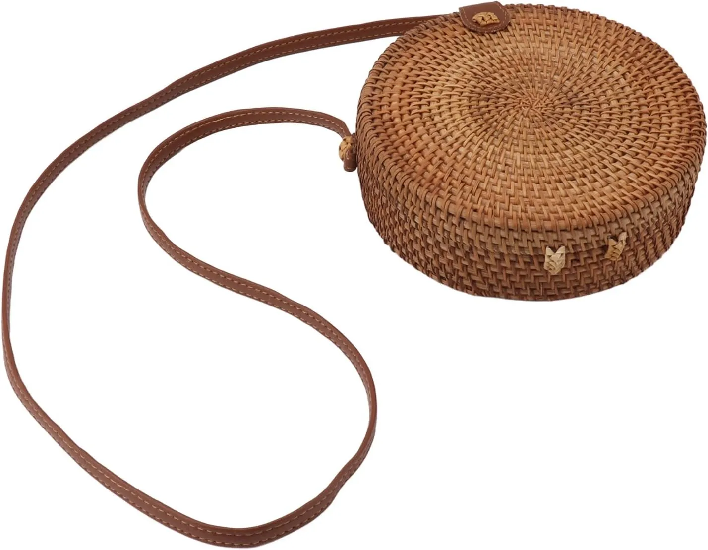 Round Rattan Bag, Tropical Beach Style Handmade Wicker Woven Purse Oval Brown Boho Bags with Leather Strap 20cm Diameter