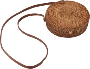 Round Rattan Bag, Tropical Beach Style Handmade Wicker Woven Purse Oval Brown Boho Bags with Leather Strap 20cm Diameter