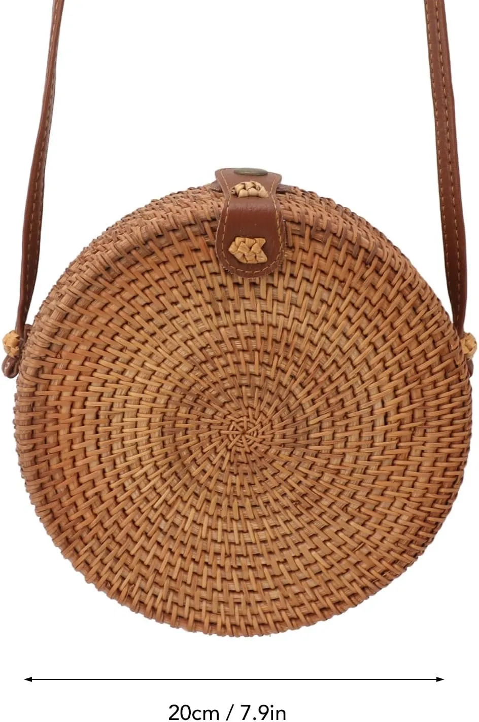 Round Rattan Bag, Tropical Beach Style Handmade Wicker Woven Purse Oval Brown Boho Bags with Leather Strap 20cm Diameter