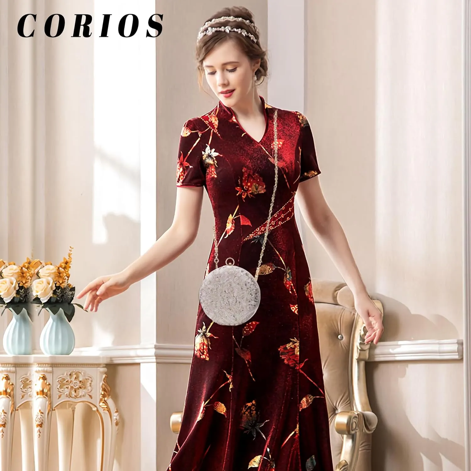 Round Velvet Clutch Purses for Women Flower Evening Bag Vintage Handbag Bridal Wedding Purse