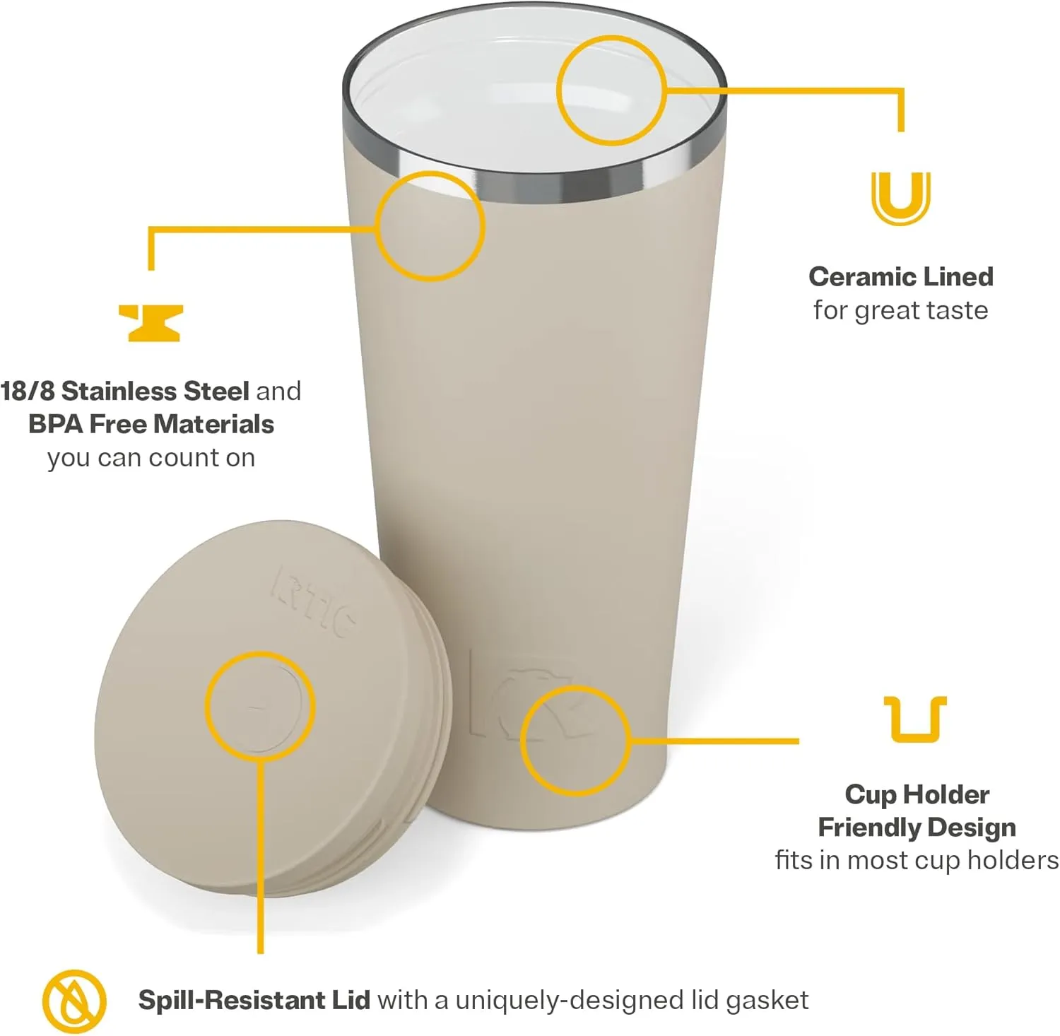 RTIC 20oz Everyday Tumbler Insulated Stainless Steel Portable Travel Coffee Cup with Straw, Spill-Resistant Lid, BPA-Free, Hot and Cold Drink, Ceramic Lining, Beach