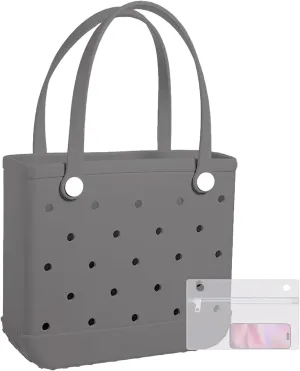 Rubber Tote Bag Beach Bag Travel Bag with Waterproof Zipper Pocket, Washable Durable Rubber Beach Tote Holes (Gray, Large)