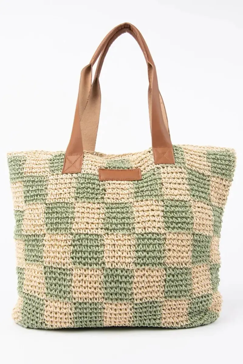 Rusty Checkmate Straw Beach Bag in Mint