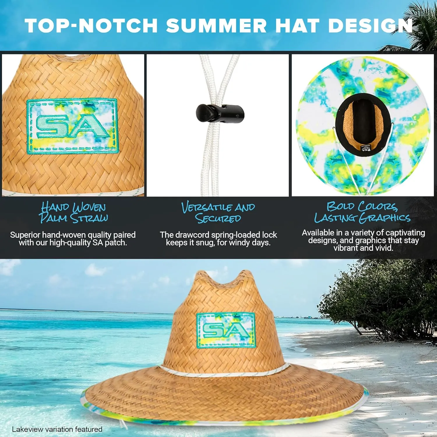 S A Company Hand-Woven Palm Straw Hats for Men and Women - Wide Brim Summer Hat Sun Protection, UPF 50  Adjustable Drawcord