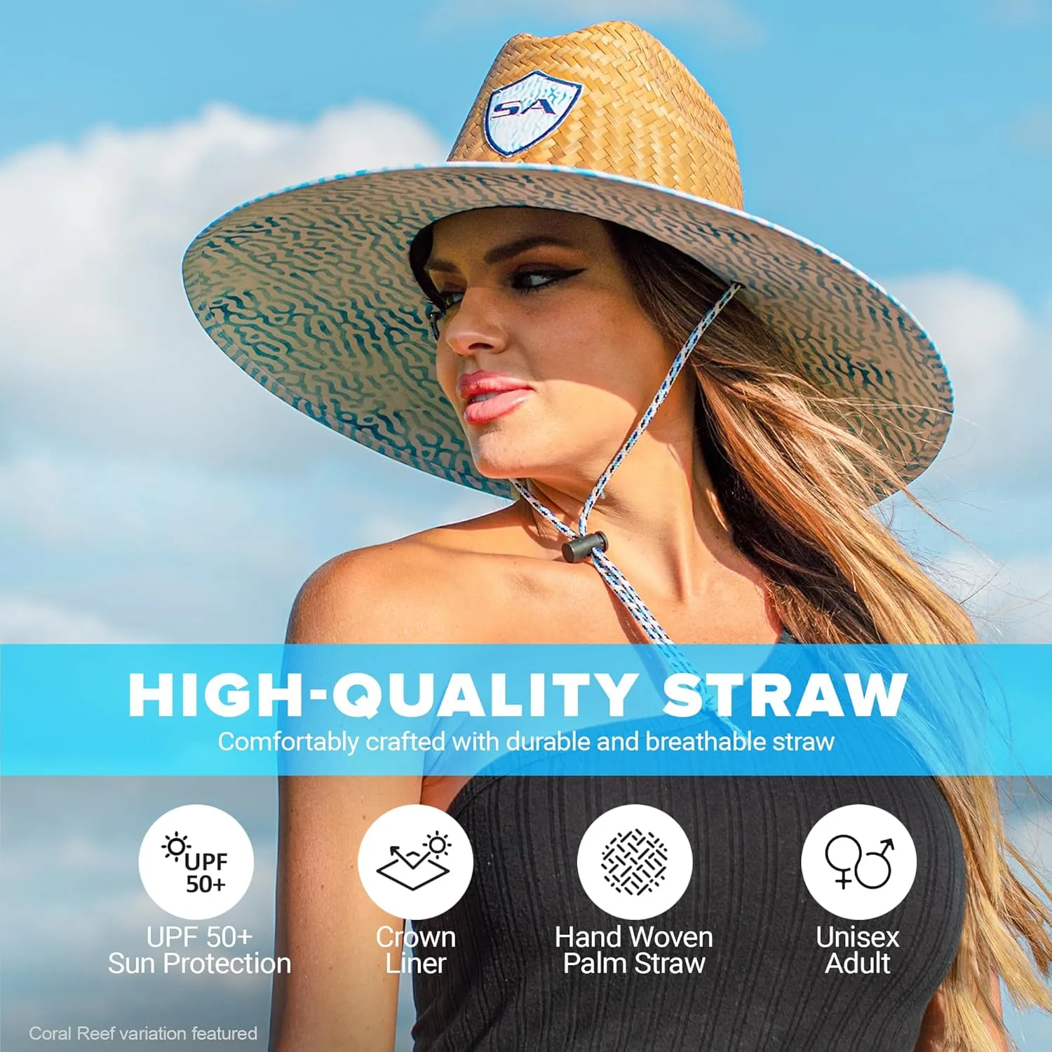 S A Company Hand-Woven Palm Straw Hats for Men and Women - Wide Brim Summer Hat Sun Protection, UPF 50  Adjustable Drawcord