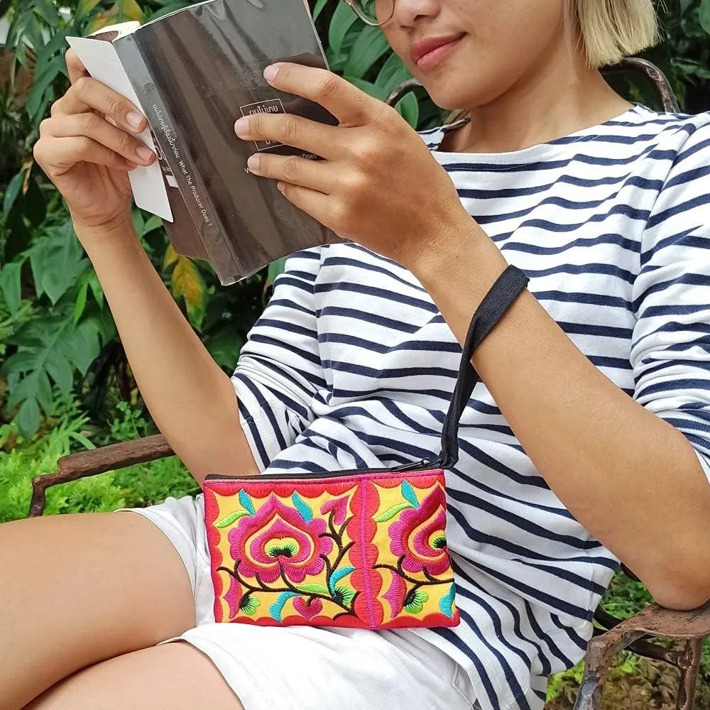 Sabai Jai Floral Mini Wristlet Wallet: Small Handmade Boho Cotton Change Purse Bag for Women - Colorful, Cute & Eco Friendly
