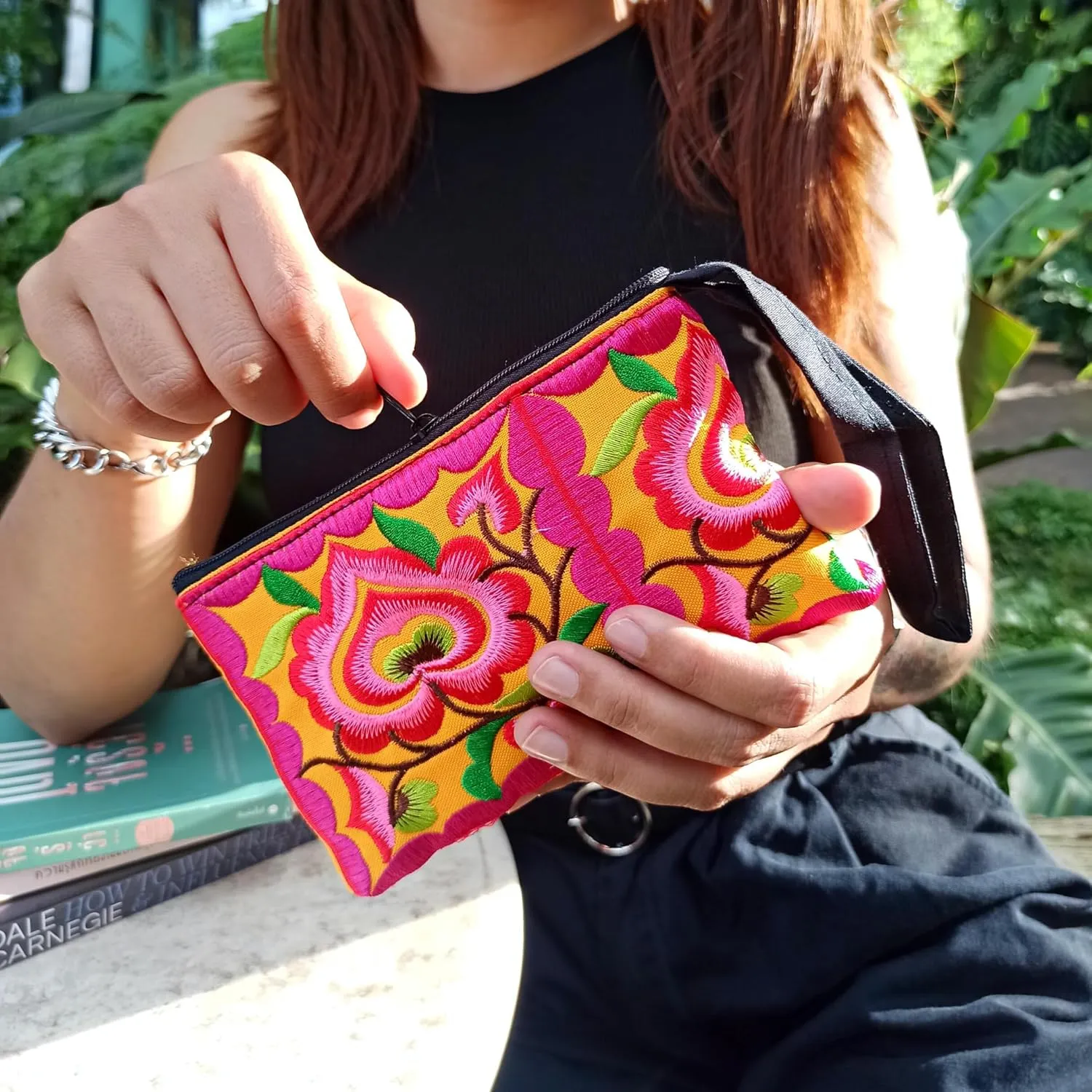 Sabai Jai Floral Mini Wristlet Wallet: Small Handmade Boho Cotton Change Purse Bag for Women - Colorful, Cute & Eco Friendly