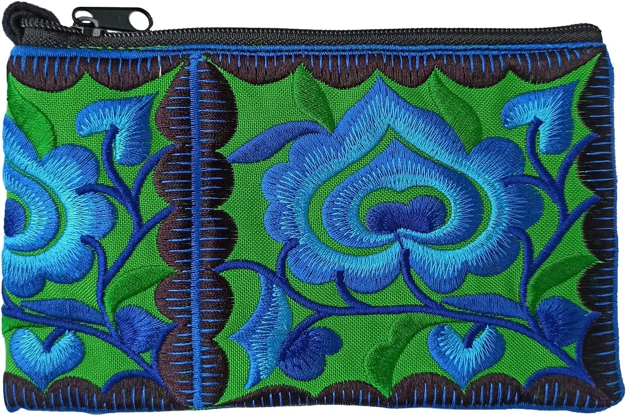 Sabai Jai - Mini Floral Wristlet Wallet for Women - Small Handmade Boho Change Purse Pouch (Blue/Green)